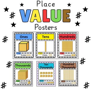 May include: Educational posters for place value, featuring colorful text and diagrams. The posters display ones, tens, hundreds, thousands, ten thousands, and hundred thousands, with examples of each. The word "VALUE" is in large, colorful letters.
