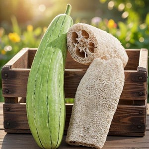 May include: A green loofah gourd and two beige loofah sponges rest in a wooden crate. The gourd is long and cylindrical with vertical dark green stripes. The sponges have a porous, textured appearance, suggesting their use for exfoliating or cleaning.