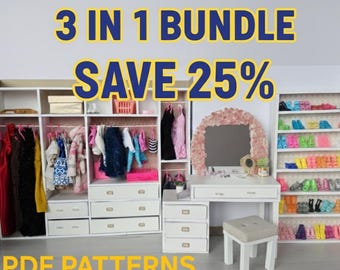 1:6 Scale Dollhouse Modern Bedroom Furniture Patterns | Wardrobe, Vanity, Shoe Rack (PDF Download)