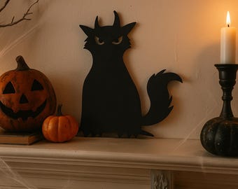 Devil Cat Halloween Wall Art – 3D Printed Gothic Cat Decor – Witchy Black Cat Wall Hanging