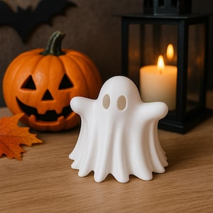 Ghost Boo Halloween Decor Figurine - 3D Printed Ghost Shelf Sitter - White PLA Ghost Collectible Figure - Spooky Home Decor for Halloween