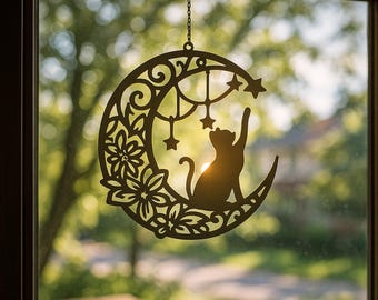 Cat, Moon & Stars Wall Art | 3D Printed Decor | Boho Witchy Cat Silhouette | Crescent Moon Wall Hanging | WanderCraft Design