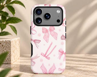 May include: A smartphone case featuring a light pink background with a repeating pattern of various pink bows and small dots. The case has a black camera cutout area at the top, revealing three circular camera lenses and a flash component.