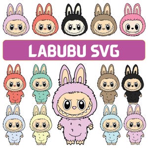 Labubu Bunny-clipartbundel: 60 kawaii-tekenfilm, png, svg (digitale download)