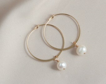 Minimalist Gold Filled Hoop & Freshwater Pearl Earring, Gold Round Hoop Earring, Simple Everyday Earrings, Dangle Drop Earring, Gift for Her