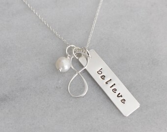 Infinity Pendant & Hand Stamped Believe Sterling Silver Necklace, Handstamped Necklace, Inspirational Gift, Infinity Necklace, Gift For Her