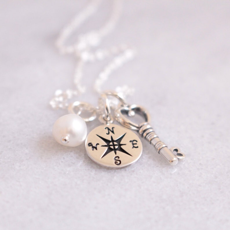 Sterling Silver Compass and Heart Key Charm Necklace Compass Etsy
