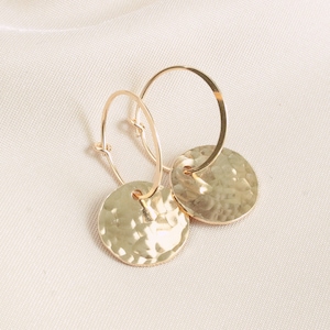 Gold Hammered Round Disc Hoop Earrings, Minimalist Textured Earrings, Everyday Earrings, Hammered Hoop Dangle Drop Earrings, Gift for Her