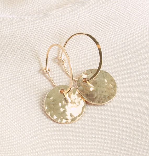 Gold Hammered Round Disc Hoop Earrings, Minimalist Textured