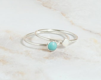 Opal & Turquoise Minimalist Silver Ring SET, Dainty Stacking Rings, Gemstone Silver Dainty Opal Turquoise Rings, Minimalist Ring Gift 3/4