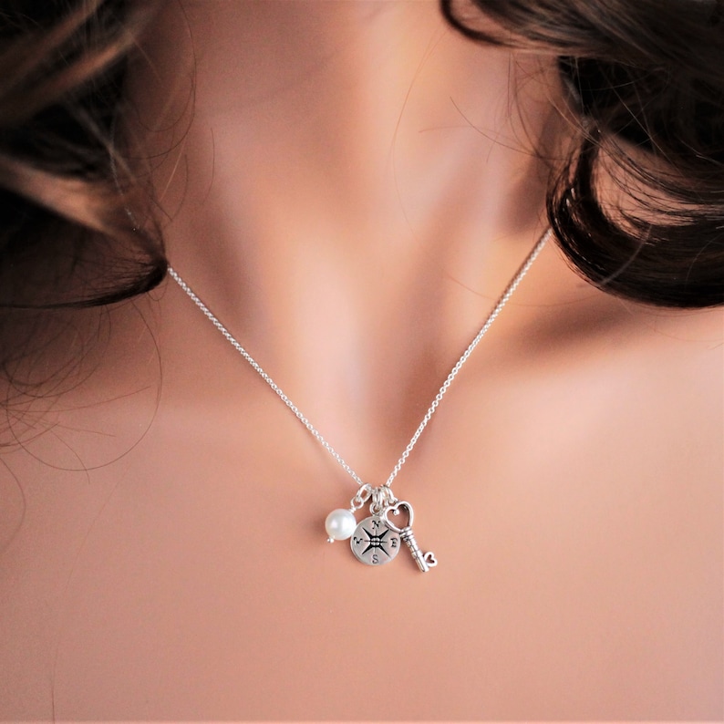 Sterling Silver Compass and Heart Key Charm Necklace Compass Etsy