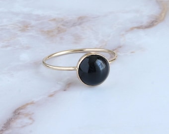 Round 8mm Black Onyx Ring, Gemstone Black Onyx Gold Ring, Silver Stacking Gemstone Ring Gold Dainty Black Onyx Ring, Minimalist Onyx Ring