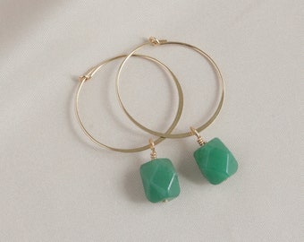 Natural Green Aventurine Gold Filled Hoop Earrings, Gold Round Hoop Earrings, Simple Everyday Earrings, Dangle Drop Earring, Gift for Her