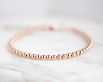 Rose Gold Minimalist Bracelet, Rose Gold Beaded Bracelet, Dainty Rose Gold Bead Bracelet, Minimalist Rose Gold Ball Bracelet, Gift for Her