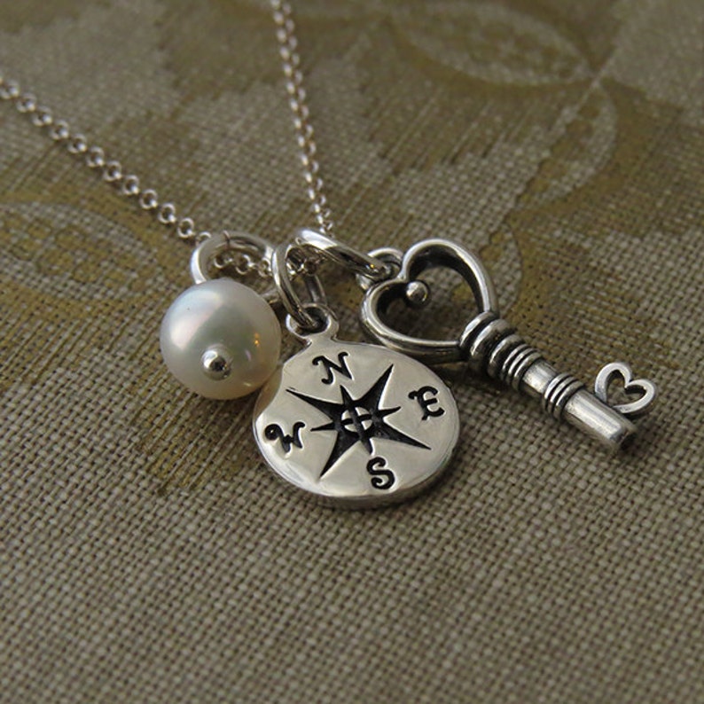 Sterling Silver Compass and Heart Key Charm Necklace Compass Etsy