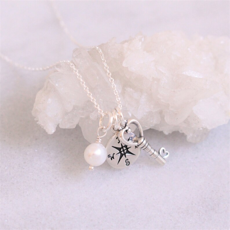 Sterling Silver Compass and Heart Key Charm Necklace Compass Etsy