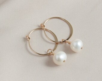 Minimalist Gold Filled Hoop & Freshwater Pearl Earring, Gold Round Hoop Earring, Simple Everyday Earrings, Dangle Drop Earring, Gift for Her