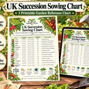 Pode incluir: Um guia de referência de jardinagem imprimível intitulado UK Succession Sowing Chart, apresentando uma tabela de culturas de vegetais, janelas de sementeira e benefícios de colheita, exibido em papel e num tablet.