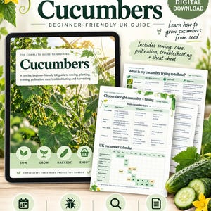 May include: A 16-page digital download PDF ebook titled The Complete Guide to Growing Cucumbers, a beginner-friendly UK guide. The document features a UK cucumber calendar, troubleshooting charts, and advice on sowing, care, and pollination.