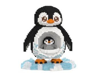 May include: A pixelated block-style sculpture of a large penguin with black, white, and orange details, featuring a hollow belly containing a smaller penguin figure, all standing on a translucent light blue and white block-based ice platform.