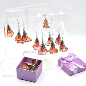 Hand Painted Lucite Trumpet Flower Earring ~ FREE Gift Box & GWPs ~ Spring Boho Bellflower Filigree Whimsy May Flowers For Friend Girlfriend