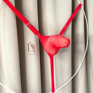 May include: A red lingerie thong with adjustable straps and a unique design. The thong is suspended from a white circular frame, with the logo "DV DARK VELVET LEATHER STORE" visible in the background.