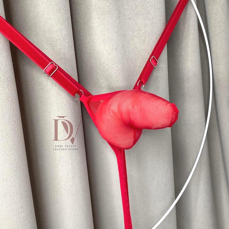 Puede incluir: Conjunto de lencer&iacute;a roja con un dise&ntilde;o transparente en forma de coraz&oacute;n. El conjunto incluye tirantes ajustables y una est&eacute;tica minimalista. El logotipo de Dark Velvet Leather Store es visible en el fondo.