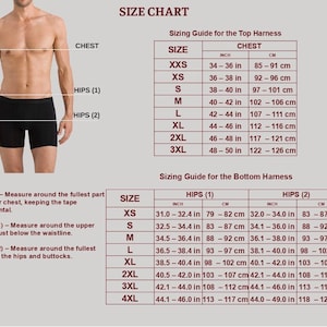 Puede incluir: Tabla de tallas con medidas de pecho y cadera en pulgadas y cent&iacute;metros. Incluye gu&iacute;as de tallas para arneses superiores e inferiores, con tallas que van desde XXS hasta 4XL. Se muestra una figura masculina a la izquierda.