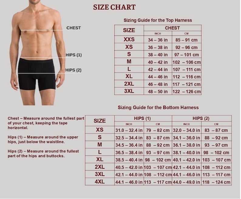Puede incluir: Tabla de tallas con medidas de pecho y cadera en pulgadas y cent&iacute;metros. Incluye gu&iacute;as de tallas para arneses superiores e inferiores, con tallas que van desde XXS hasta 4XL. Se muestra una figura masculina a la izquierda.