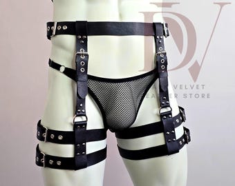 Handmade Leather Leg Harness with Mesh Thong – Men's Fetish Outfit