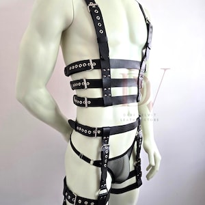 May include: Black leather harness with multiple straps and metal hardware. The harness includes shoulder straps, chest straps, and leg straps, all adjustable with buckles. A mesh fabric covers the groin area. The Dark Velvet Leather Store logo is visible.