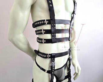 Mens leather harness for men Leather full set-Shoulder Straps and thigh harness with mesh thong leather jockstraps for men harness underwear