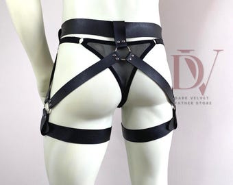 Mens Leather Harness with Sheer Mesh Thong – Fetish Lingerie