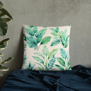 Botanical Throw Pillow Cover – Green Leaf Pattern Cushion – Tropical Plant Decor – 18x18” Sofa Pillow – Nature-Inspired Home Accent
