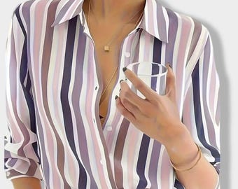 Striped Blouse Women Office Shirt Casual Button Up Top