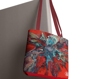 Bolsa tote de arte abstrata: vermelha, turquesa, estilo boho