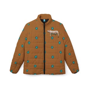 Chaqueta acolchada con patrón de cabujón turquesa y cerdo de exhibición de Yorkshire