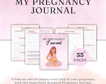 May include: A pink and white pregnancy journal with the title "MY PREGNANCY JOURNAL" in black script. The journal cover features an illustration of a pregnant person. The journal includes sections for "I'm Pregnant," "Week 03," "Hospital Bag," and "Baby Shower." It has over 55 pages.