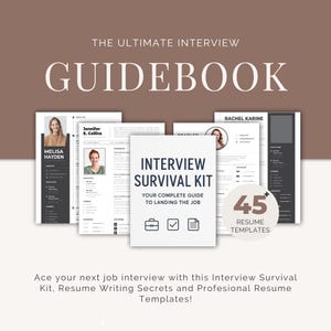 Op de afbeelding: Een promotieafbeelding voor een interviewgids. De afbeelding toont cv-sjablonen en een centraal boekje met de titel "Interview Survival Kit". De tekst bevat "45 cv-sjablonen" en "Uw complete gids om de baan te bemachtigen."
