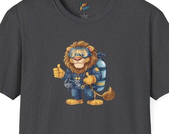 May include: Dark gray t-shirt featuring a cartoon lion wearing a diving suit, goggles, and a scuba tank. The lion gives a thumbs-up gesture. The shirt has the text "FUR FUN!" at the top.