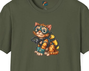 May include: Olive green t-shirt featuring a cartoon cat wearing scuba gear. The cat is orange and white with blue goggles and a yellow tank. The shirt has the text "FUR FUN!" in the upper left corner.
