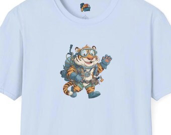 May include: Light blue t-shirt featuring a cartoon tiger wearing scuba gear. The tiger is orange and white with black stripes, wearing goggles, a backpack, and gloves. The text "FUR FUN!" is printed at the top.