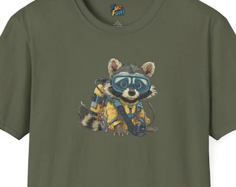 May include: Olive green t-shirt featuring a cartoon raccoon wearing a yellow diving suit and goggles. The raccoon is holding a diving tool. The text "FUR FUN!" is printed on the top left of the shirt.