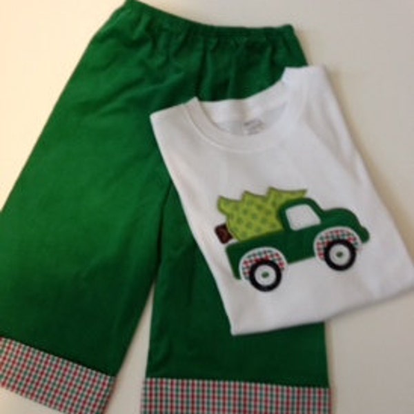 Boys  Christmas Outfit Appliqued Truck Shirt and Pants Outfit with Personalized Name on Shirt
