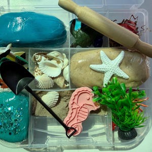 May include: A clear plastic divided container filled with various craft supplies. Includes blue and tan play dough, a wooden rolling pin, seashells, a starfish, a seahorse-shaped cookie cutter, and a small shovel. Also includes a small green plant and a few toy fish.