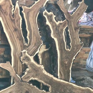 May include: A collection of irregularly shaped, raw-edged wood slabs. The slabs have a dark brown center with lighter brown and cream-colored edges, showcasing the natural grain and knots of the wood. The wood appears to be freshly cut and ready for use.