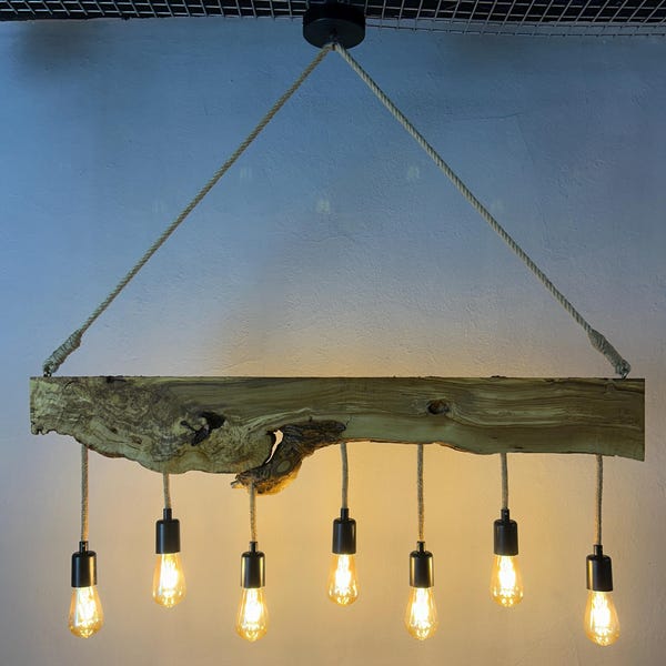 Lampadario con bordo vivo in legno d'ulivo - Lampada da soffitto in legno naturale rustico fatta a mano - Regalo unico per l'arredamento della casa - Illuminazione personalizzata
