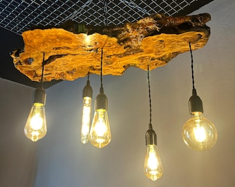 Olive Wood Live Edge Chandelier – Handmade Rustic Wood Pendant Light – Unique Farmhouse Dining Room Lighting – Natural Wood Ceiling Light