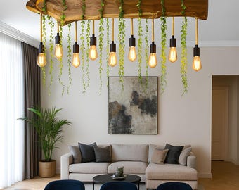 Handmade Oleaster Wood Live Edge Chandelier, Rustic Farmhouse Pendant Light