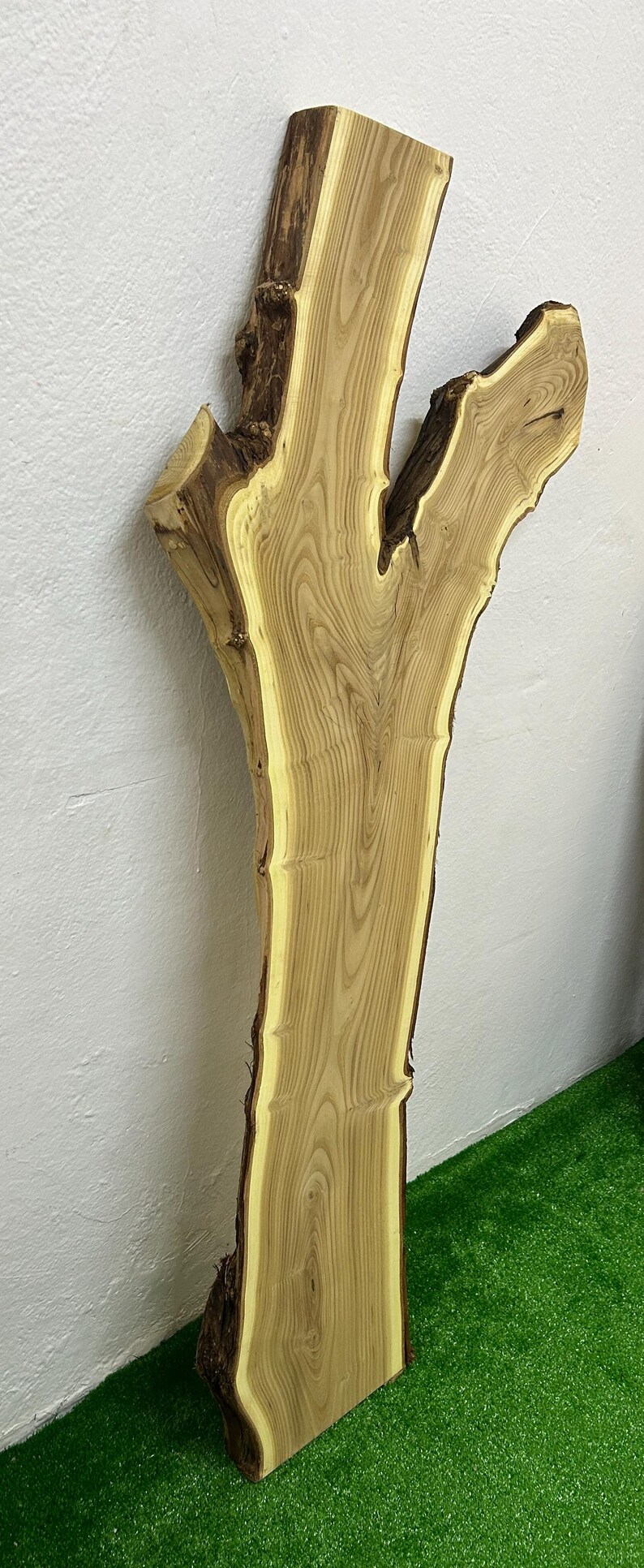 May include: A natural wood slab with a light brown and yellow grain pattern. The live edge slab has a rough, dark brown bark and a smooth, polished surface. The wood is approximately 40 inches long.